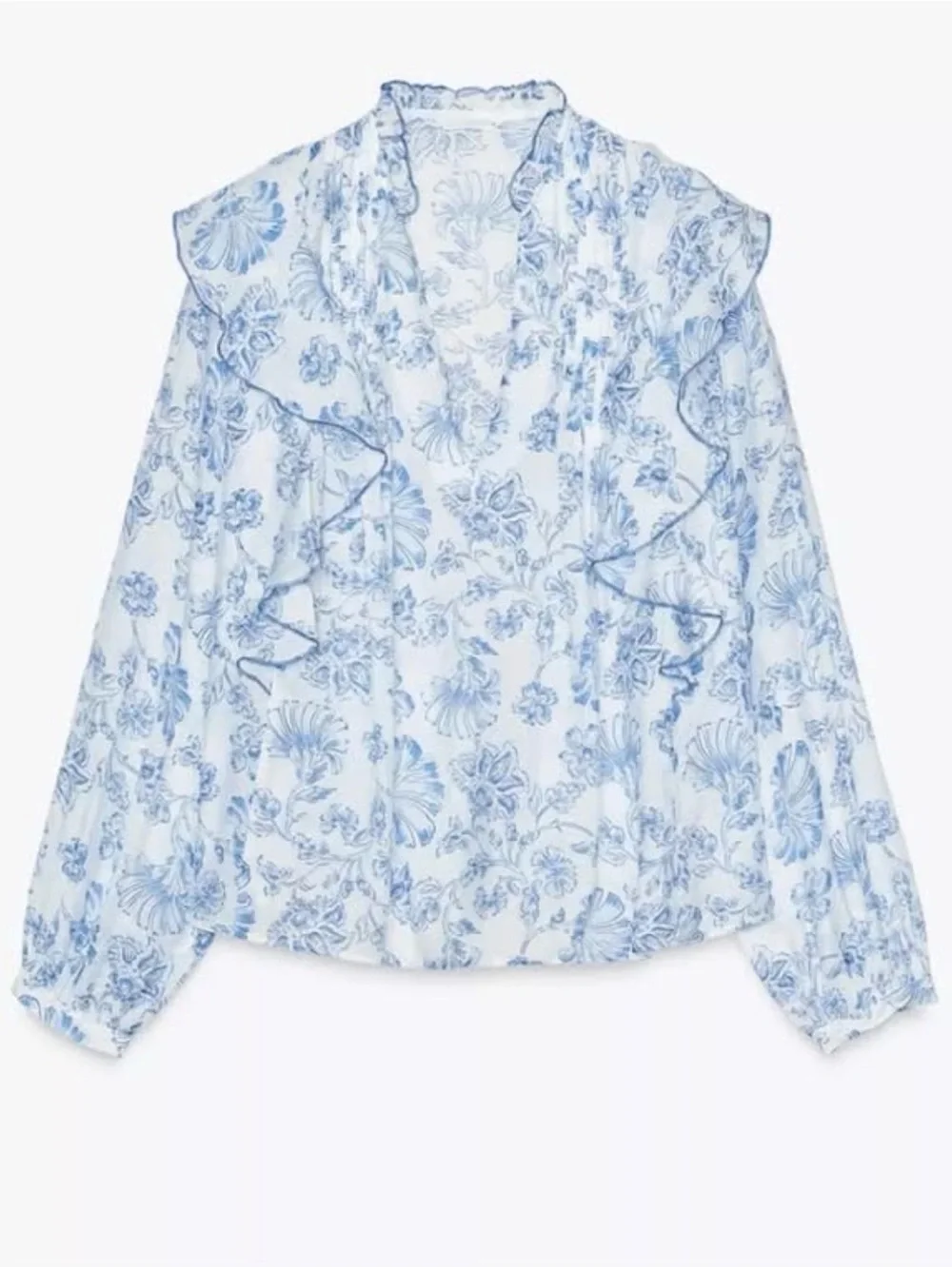 Zara Light Blue Floral Ruffle V-Neck Women's Top SZ SM - Picture 3 of 9